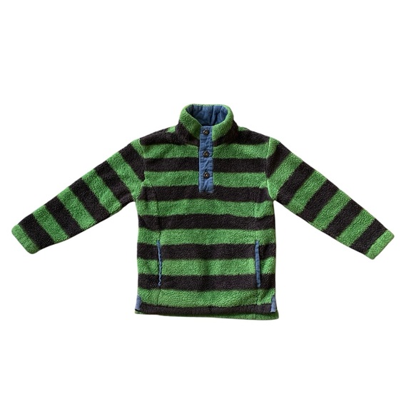 Mini Boden Sherpa Fleece Pullover Boys 5-6Y Green Black Stripe Cozy Teddy - Picture 2 of 6